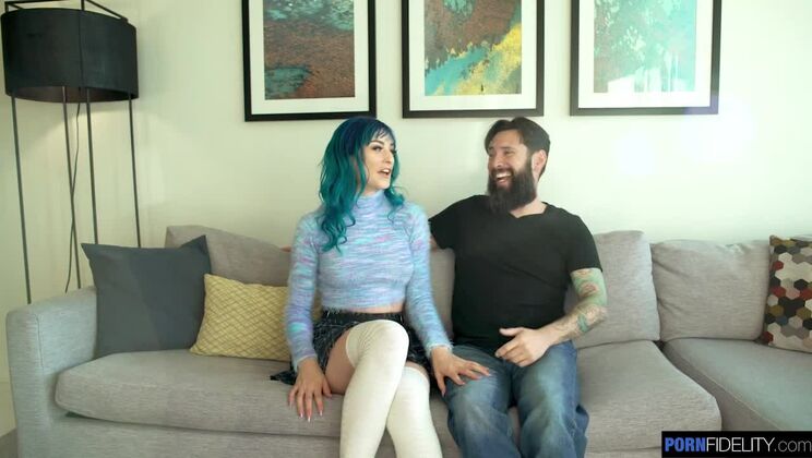 Jewelz Blu rides hard after a messy deepthroat on the couch
